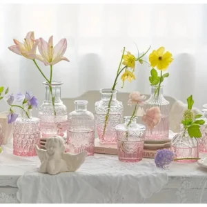 แจกันแก้ว สไตล์วินเทจ  สีชมพูไล่เฉดสี set 7 ชิ้น